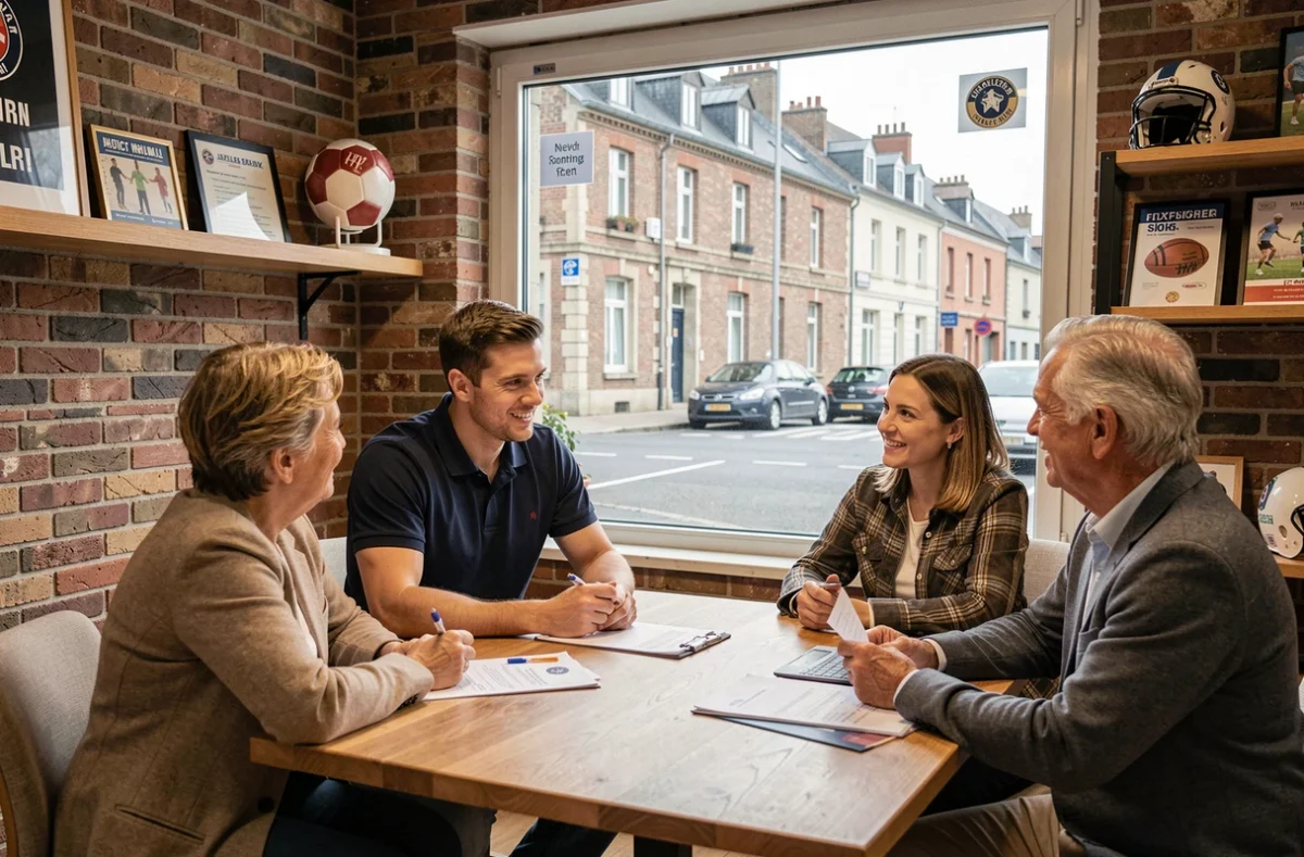 Agent de 360 Courtage Lens en consultation avec des clients dans une agence lensoise avec vue sur la rue