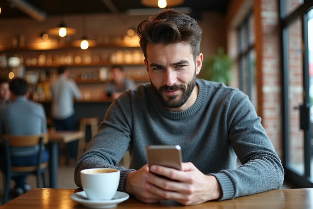 Homme consultant son compte Banque Populaire Rives de Paris via l'application Cyberplus particulier sur smartphone dans un café
