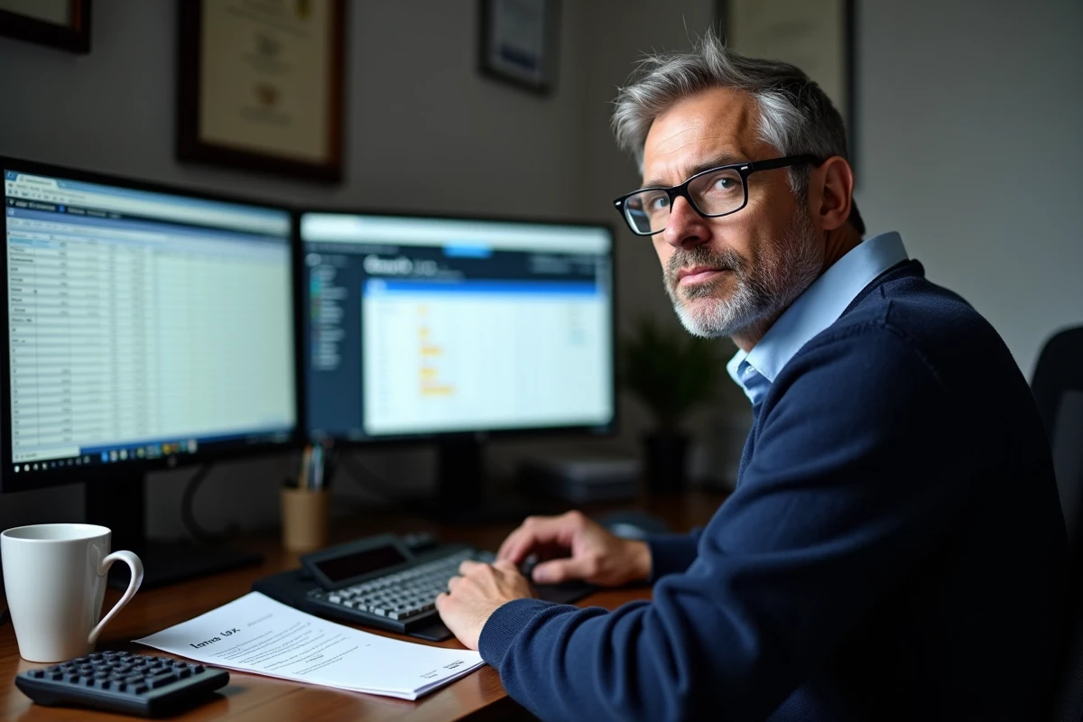Homme travaillant sur le calcul d'acompte IS en ligne avec double écran et documents fiscaux à domicile