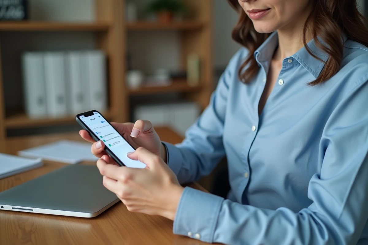 Femme activant les paiements en ligne sur l'application mobile Société Générale depuis son bureau à domicile