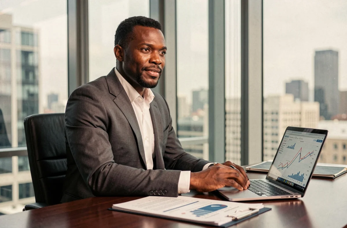 Homme d'affaires africain en costume gris assis dans un bureau exécutif moderne avec documents financiers et vue urbaine