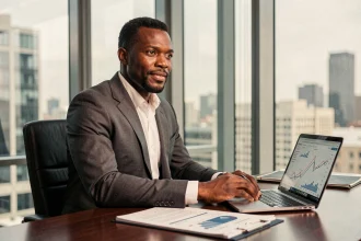 Homme d'affaires africain en costume gris assis dans un bureau exécutif moderne avec documents financiers et vue urbaine