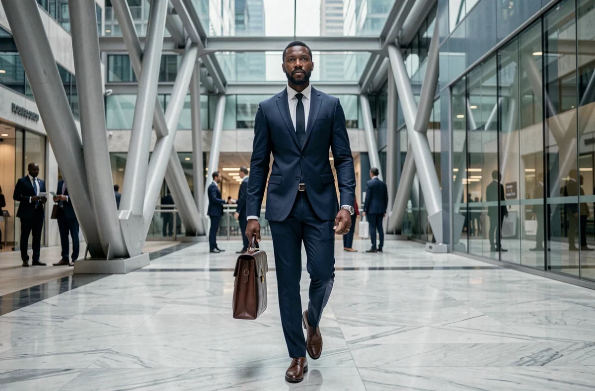 Homme d'affaires africain en costume bleu marine marchant dans l'atrium d'un immeuble financier moderne