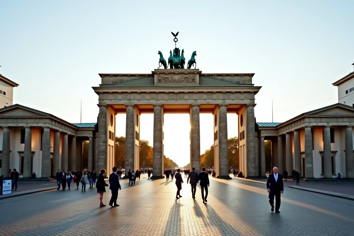 La Porte de Brandebourg à Berlin avec le drapeau allemand, symbole de la puissance économique de l'Allemagne