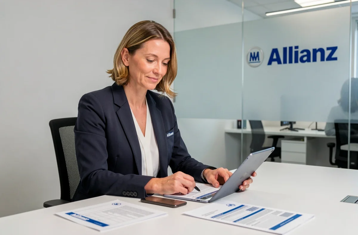Courtière Allianz Isabelle Davies à son bureau avec documents d'assurance dans son agence de Calais