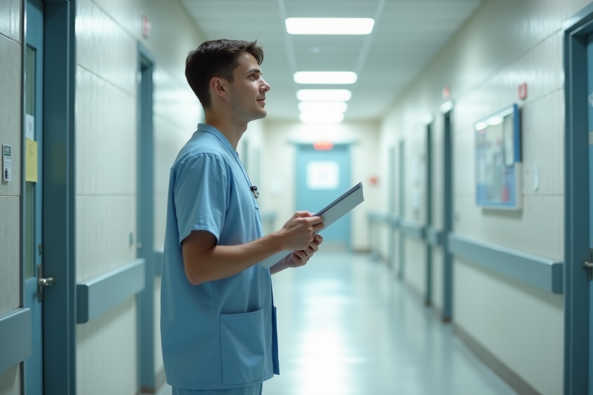 Jeune homme en uniforme hospitalier dans un couloir lumineux