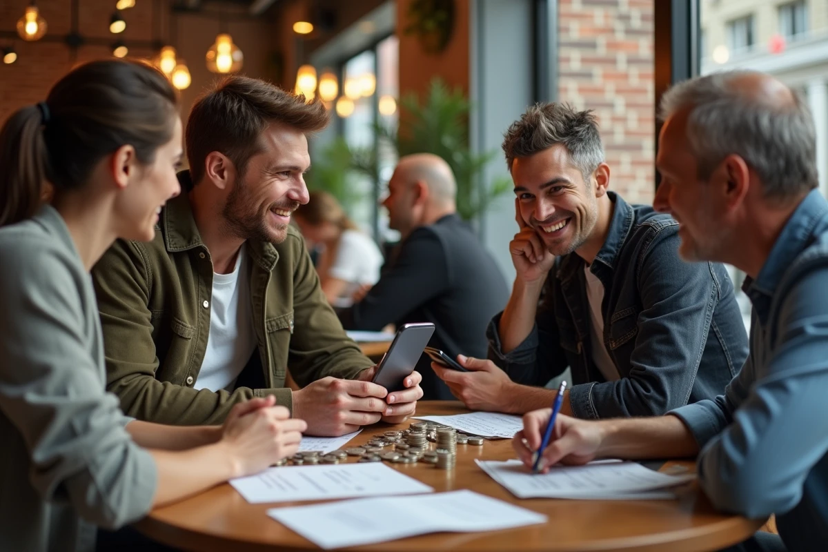 Groupe d amis comptant des pièces pour une collecte de fonds