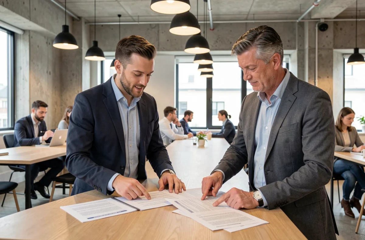 Deux professionnels analysant une proposition de courtage en assurance emprunteur dans un espace de coworking moderne