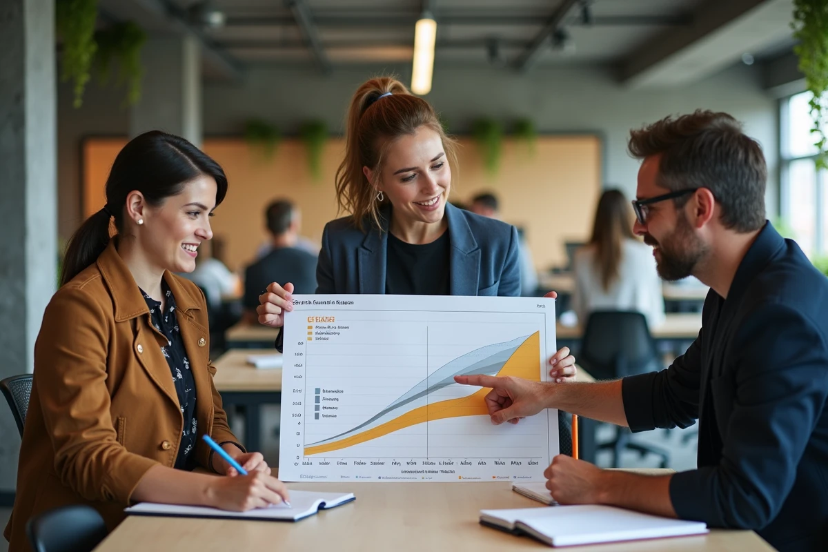 Groupe de collègues analysant ensemble des données sur les revenus médians en France dans un espace de coworking pour comparer les salaires par secteur