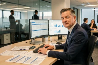 Analyste bancaire examinant des rapports de surveillance de crédit sur des écrans dans un bureau moderne