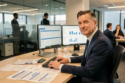 Analyste bancaire examinant des rapports de surveillance de crédit sur des écrans dans un bureau moderne