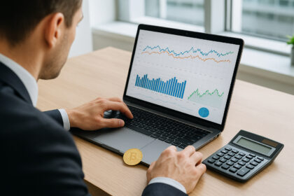 Photo d'un professionnel analysant des graphiques numériques avec une cryptomonnaie