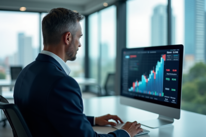 Analyste financier en costume bleu regarde graphique boursier