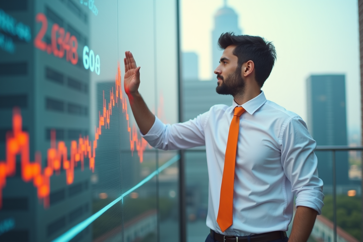 Jeune analyste financier gesticulant devant ville moderne