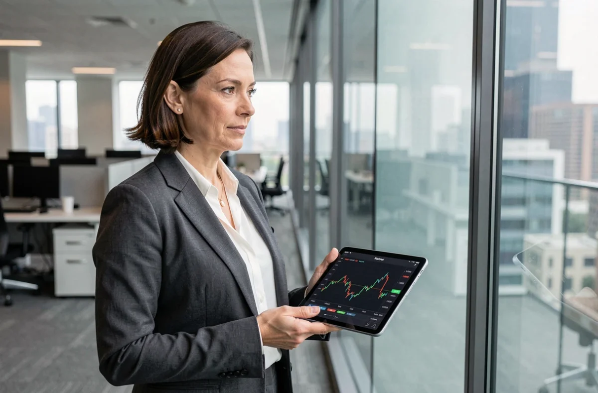 Professionnelle de la finance analysant un graphique du Nasdaq sur tablette pendant l'heure d'ouverture de la bourse de New York