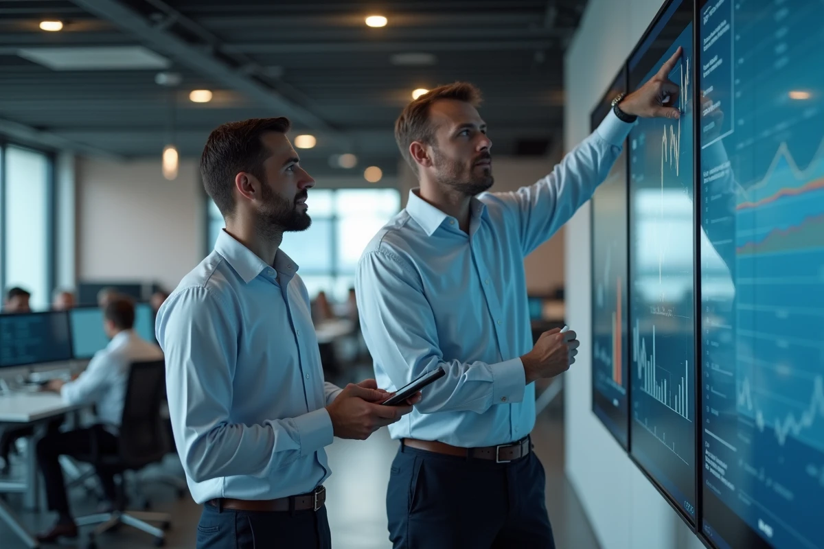 Deux analystes financiers examinant des indicateurs clés de performance crédit sur un écran mural dans un open space européen