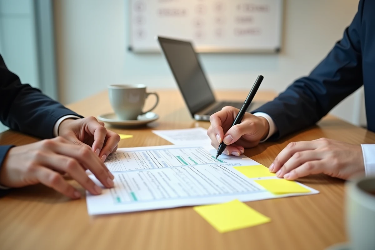 Mains annotant un plan comptable PDF imprimé avec des post-it et un stylo lors d'une réunion comptable
