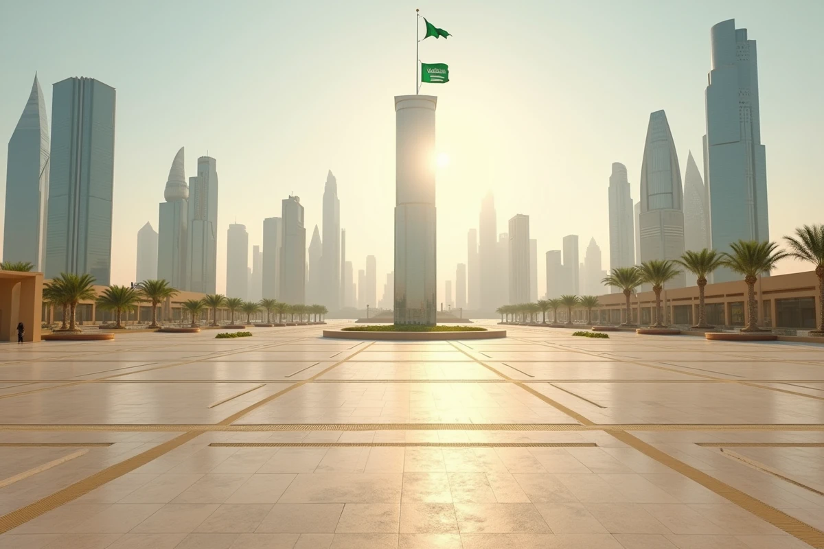 Le quartier financier King Abdullah à Riyad avec ses tours futuristes et le drapeau saoudien, représentant l'économie de l'Arabie saoudite
