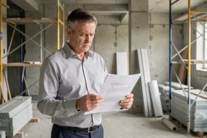 Architecte examinant un contrat de garantie décennale sur un chantier de construction en béton brut