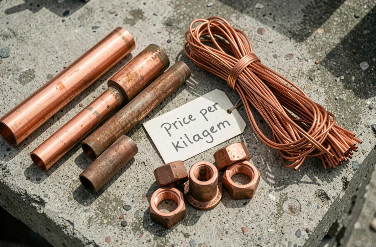 Assortiment de tuyaux, câbles et raccords en cuivre avec étiquette de prix au kilogramme