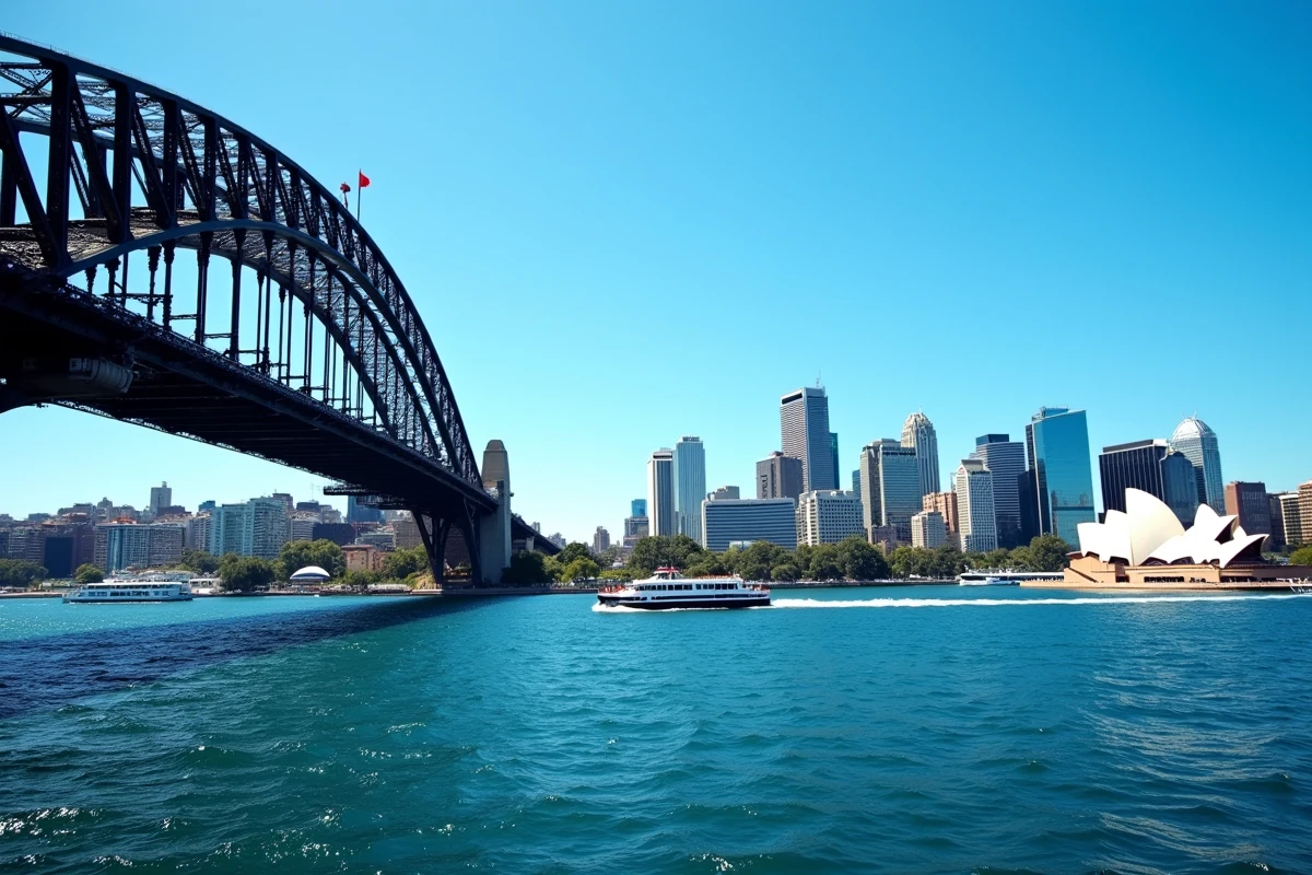 L'horizon de Sydney avec le Harbour Bridge, l'Opéra et le quartier d'affaires au bord du port, représentant l'économie australienne
