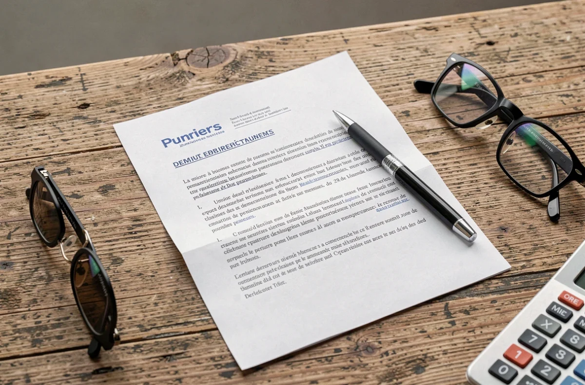 Avis officiel de petite créance posé sur un bureau avec stylo et lunettes de lecture