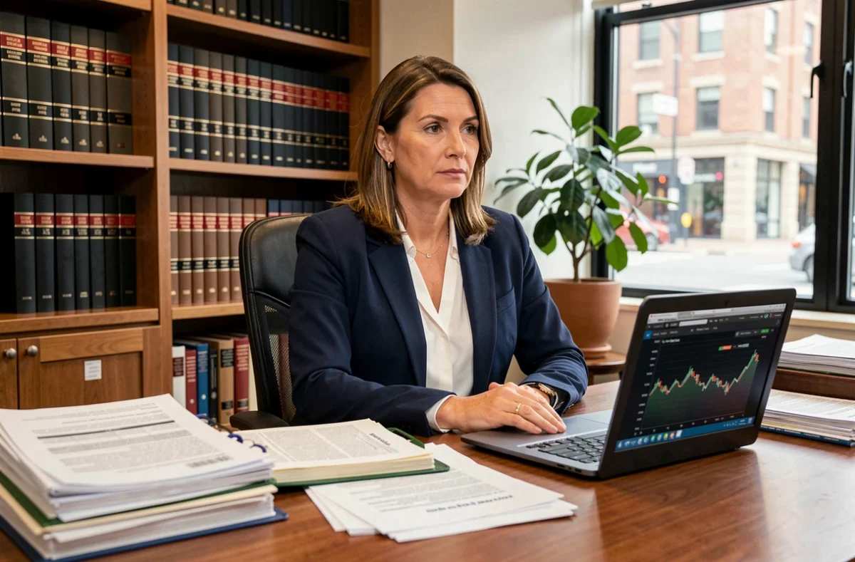 Avocate spécialisée en assurance construction analysant des documents de garantie décennale dans un bureau juridique