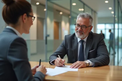 Homme et femme en banque signant un contrat en toute confiance