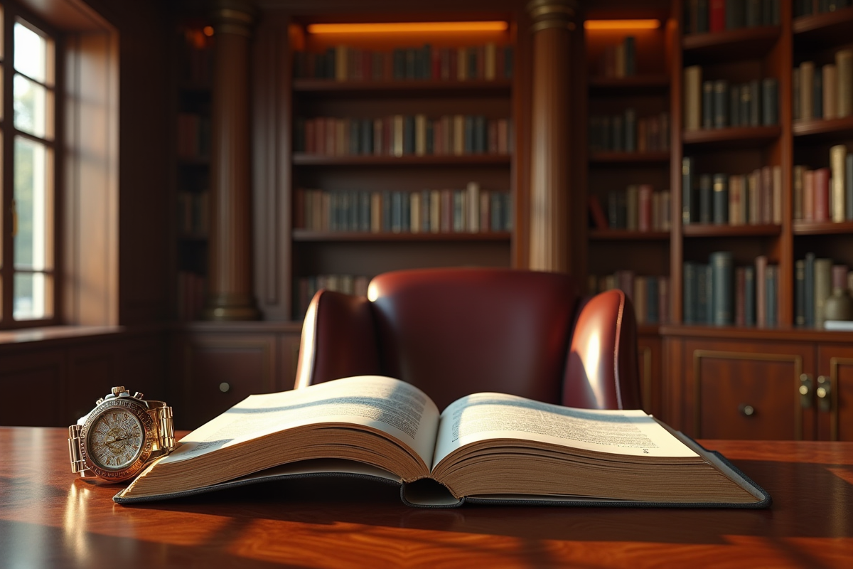 Bibliothèque luxueuse avec livres en bois et montre élégante