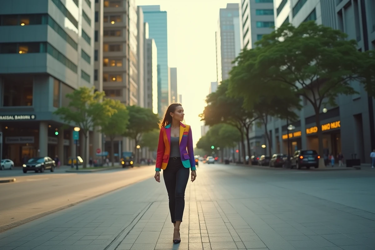 L'Avenida Paulista à São Paulo avec une femme d'affaires brésilienne devant les sièges de grandes banques, représentant l'économie du Brésil