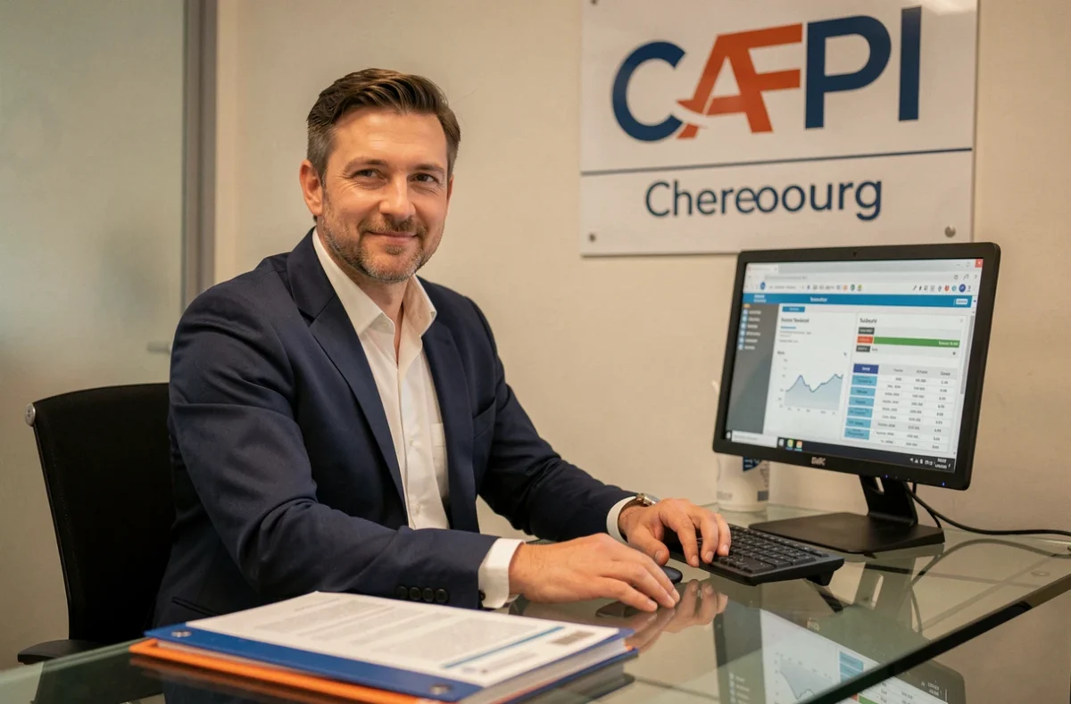 Un conseiller de l'agence CAFPI de Cherbourg présente des solutions de crédit immobilier à un client dans la Manche