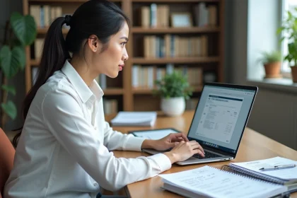 Femme comptable calculant un acompte d'impôt sur les sociétés en ligne sur un ordinateur portable au bureau