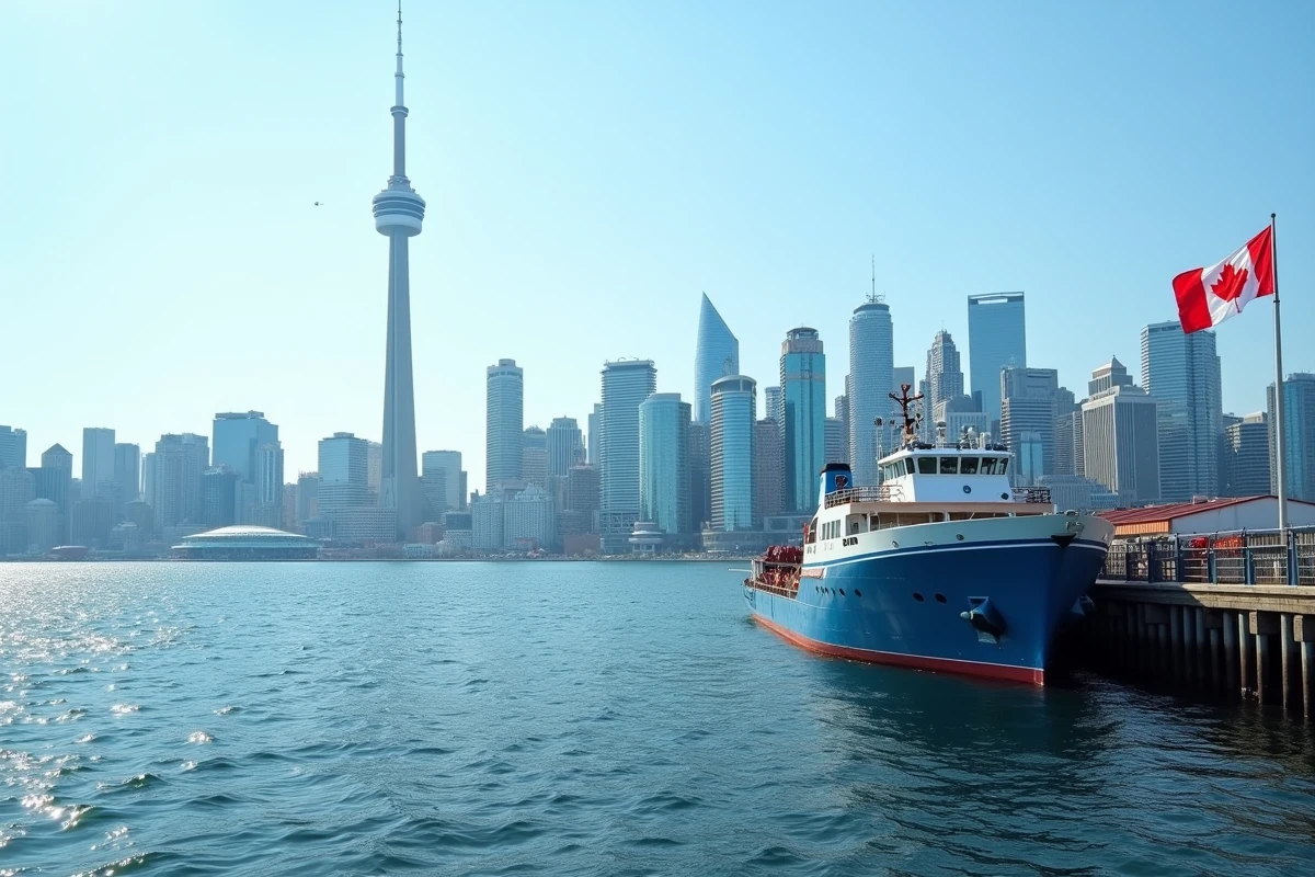 L'horizon financier de Toronto avec la Tour CN et le drapeau canadien au bord du lac Ontario, symbole de l'économie canadienne