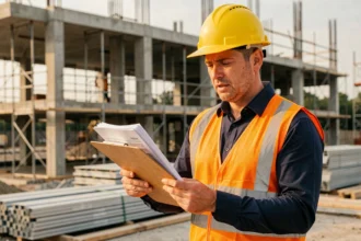 Chef de chantier consultant des documents d'assurance dommage ouvrage sur un chantier en cours