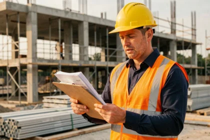 Chef de chantier consultant des documents d'assurance dommage ouvrage sur un chantier en cours