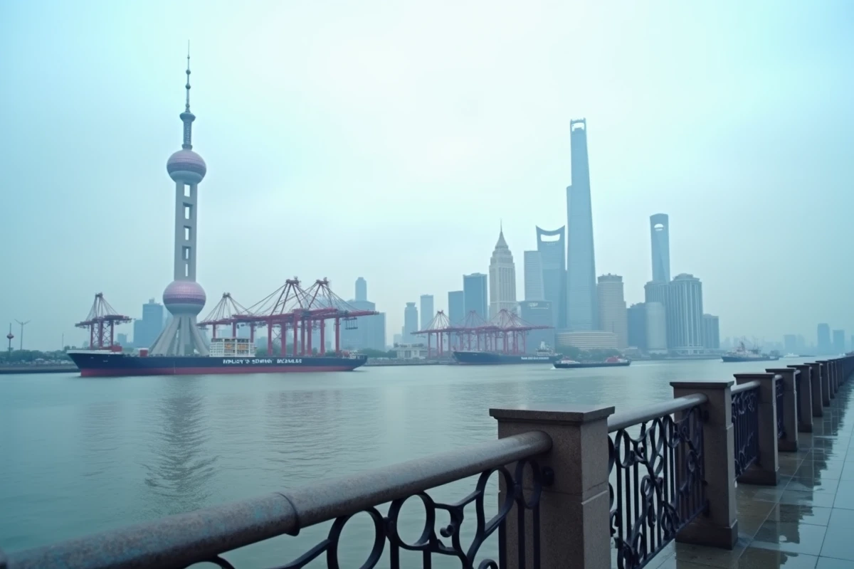 Horizon de Shanghai avec la tour Oriental Pearl et les gratte-ciels de Pudong au bord de la rivière Huangpu, représentant l'économie chinoise
