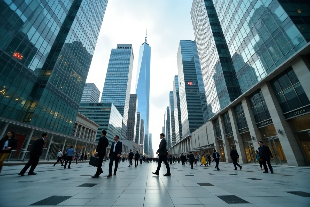 Vue panoramique d'un quartier financier international avec gratte-ciels et drapeaux de nations du monde entier, symbolisant le classement mondial du PIB en 2026