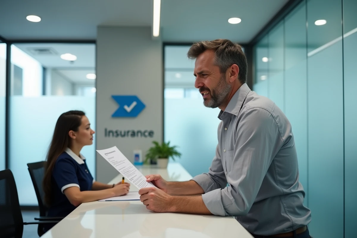 Client mécontent face à un conseiller dans une agence d'assurance ACM IARD SA