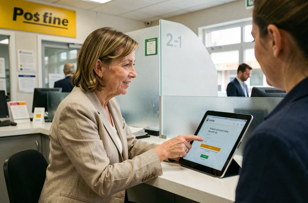 Cliente et conseiller discutant de l'accès à l'espace client La Banque Postale en agence postale