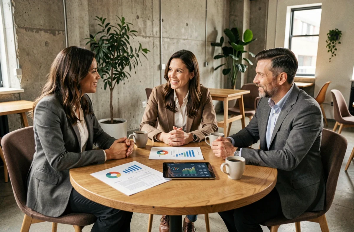 Réunion d'un club d'investissements alternatifs avec des membres discutant de stratégies financières autour d'une table dans un espace de coworking