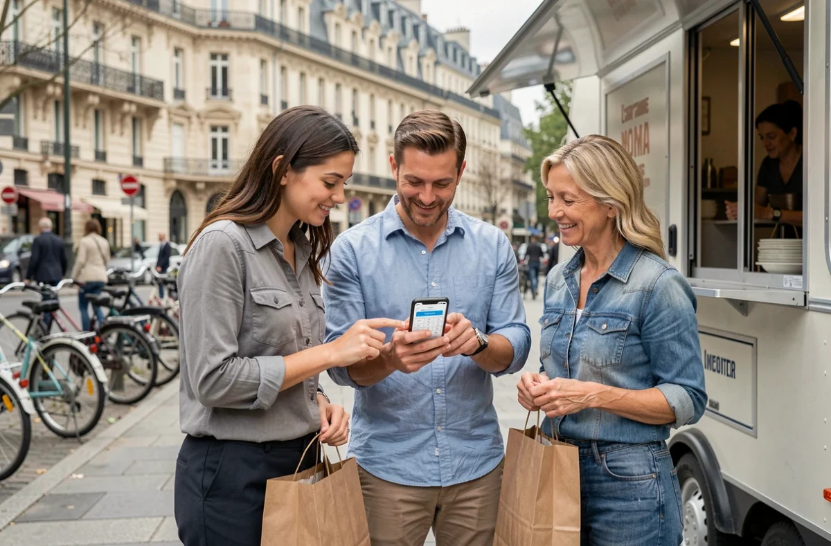 Collègues consultant une application de calcul budgétaire près d'un food truck à Paris, représentant les économies sur les repas pour les salariés à faibles revenus