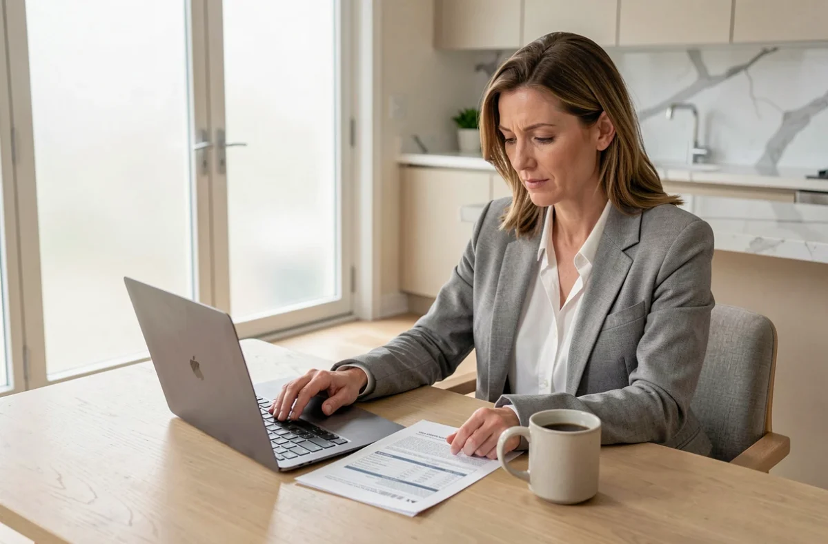Femme à domicile comparant des offres d'assurance emprunteur sur ordinateur portable