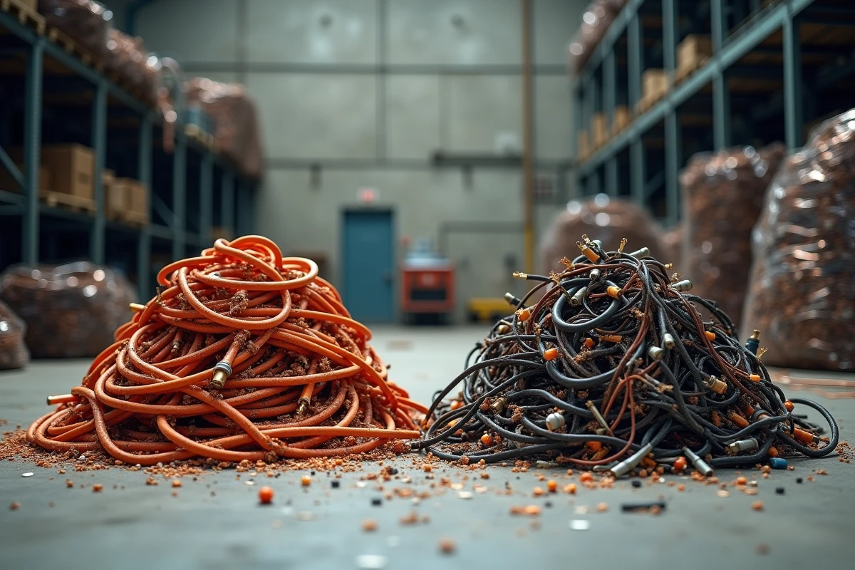 Comparaison entre cuivre propre et cuivre mêlé posés sur le sol d'un centre de recyclage de ferraille