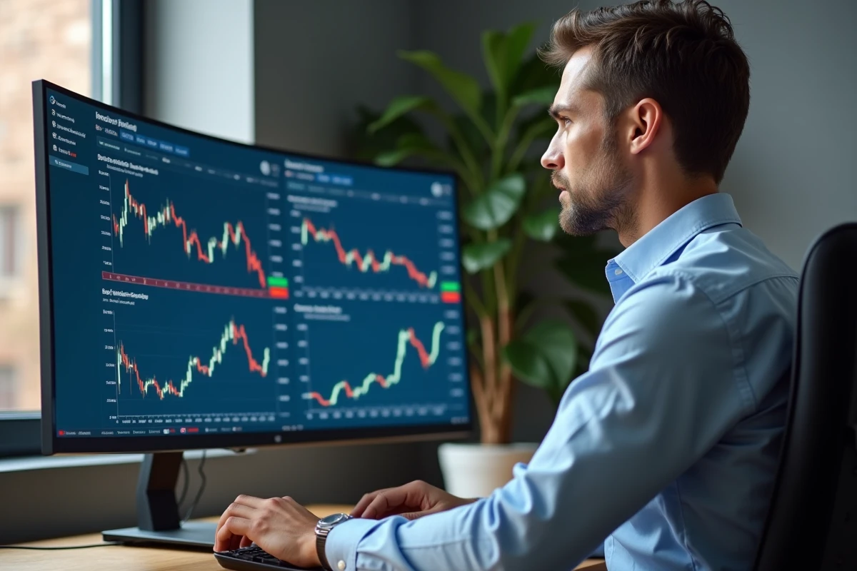 Homme analysant des données boursières sur plusieurs plateformes financières comme Google Finance et Yahoo Finance sur un écran d'ordinateur