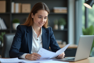 Jeune femme comptable en bureau moderne avec rapport financier