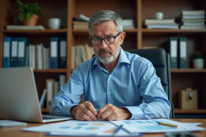 Homme comptable d'âge moyen au bureau regardant des rapports financiers
