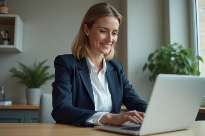 Femme connectée à son espace Cyberplus particulier Banque Populaire Rives de Paris sur un ordinateur portable depuis son bureau à domicile