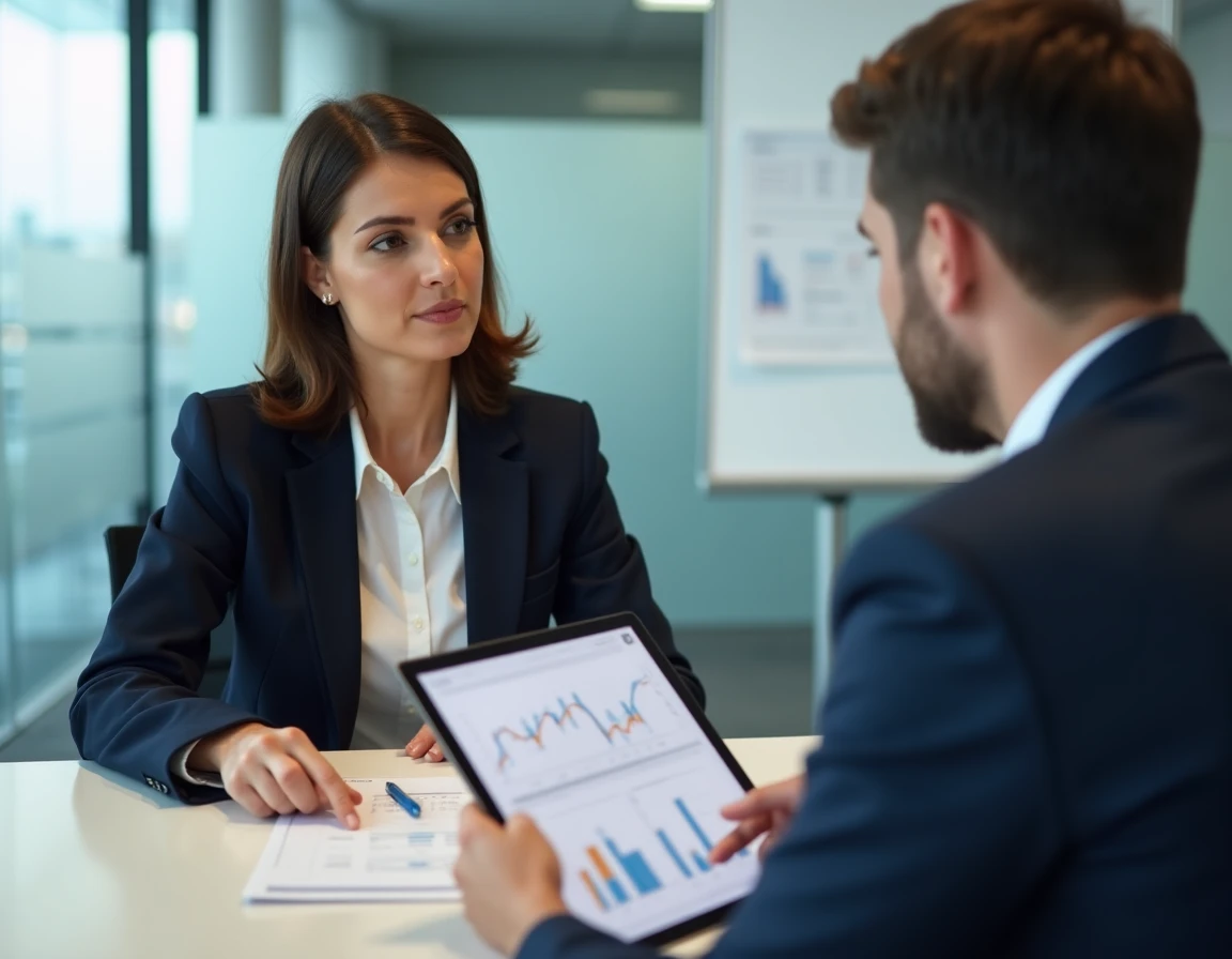 Une femme cadre discutant de stratégie d'optimisation fiscale et de revenus imposables avec un conseiller financier dans un bureau moderne