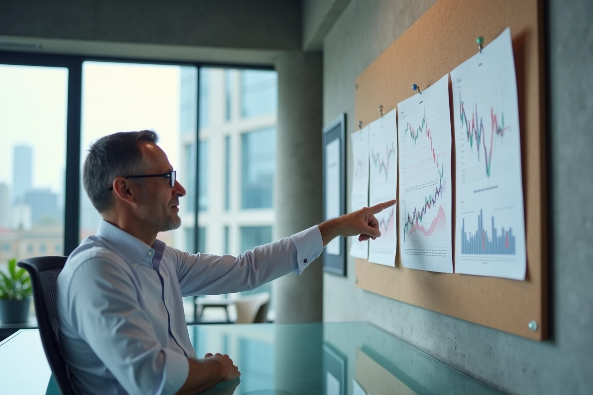 Conseiller financier examinant des graphiques de performance boursière dans un bureau moderne pour stratégie d'investissement défensive