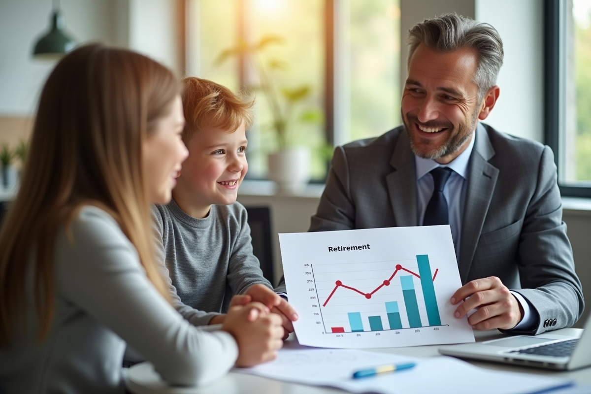 Conseiller financier montrant un graphique de retraite a une famille